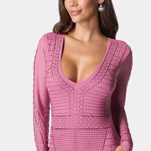 Bebe Pink Long Sleeve Crystal Mesh Midi Dress